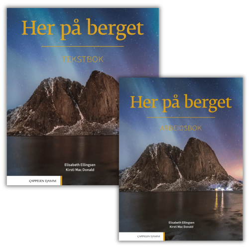Zestaw Her på berget 2024 do nauki norweskiego na poziomie B2. Tekstbok i Arbeidsbok (Podręcznik i Ćwiczenia) do pracy z tekstami, słownictwem i gramatyką.