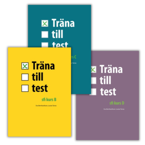 Zestaw trzech zeszytów ćwiczeń z testami z języka szwedzkiego, przygotowanie do Nationella prov SFI B, C i D. Zadania z czytania i słuchania oraz ćwiczenia z pisania i mówienia na poziomach od A1 do B1+
