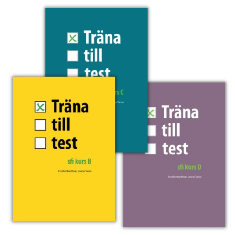 Zestaw trzech zeszytów ćwiczeń z testami z języka szwedzkiego, przygotowanie do Nationella prov SFI B, C i D. Zadania z czytania i słuchania oraz ćwiczenia z pisania i mówienia na poziomach od A1 do B1+