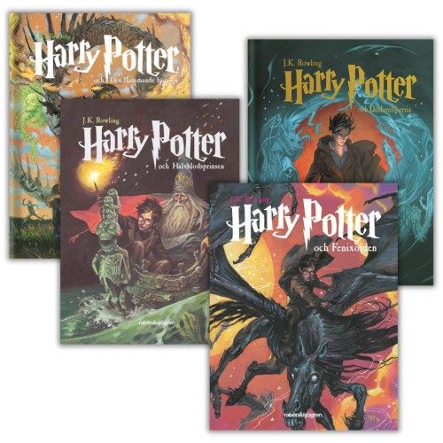 Zestaw książek z serii Harry Potter części 4, 5, 6, 7 po szwedzku, dostępne jako komplet. Książki dostępne od ręki w polskiej księgarni internetowej. Przednie okładki.