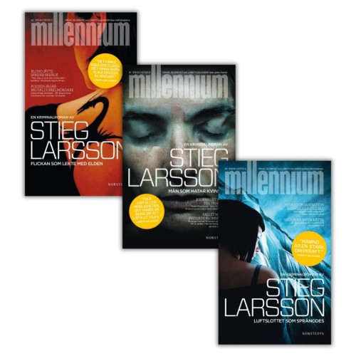 Zestaw: Saga Millenium, trzy części światowego bestsellera w języku oryginału, po szwedzku, przednie okładki.