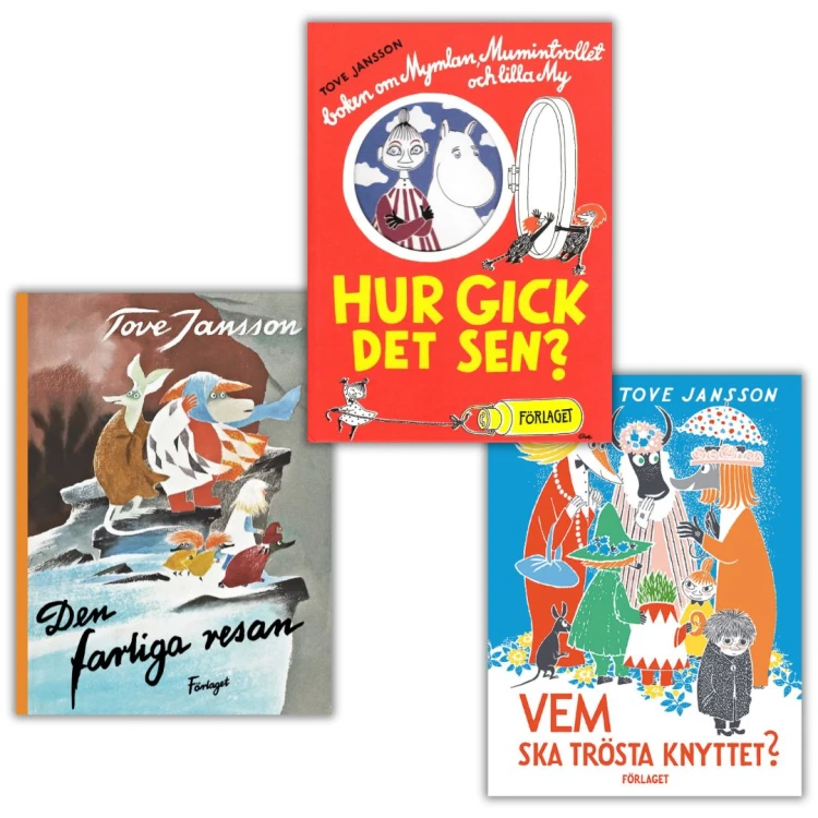 ZESTAW: Muminkowe książki obrazkowe - Tove Jansson, komplet trzech książek Den farliga resan, Vem ska trosta Knytten, Hur gick det sen, w języku oryginału, po szwedzku. przednie okładki.